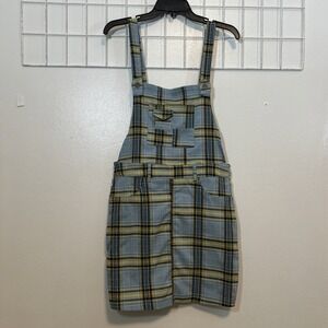 Like An Angel Women M Blue Plaid Overall Dress Stretchy 6253